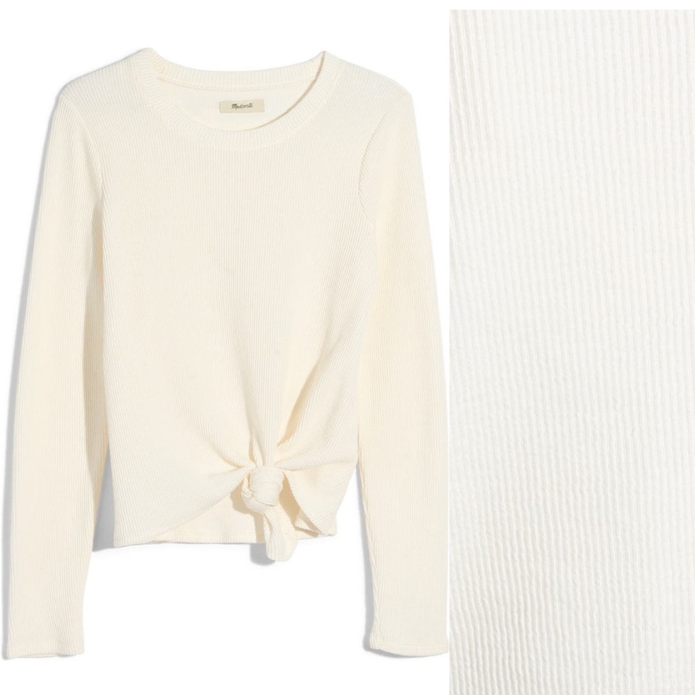 Madewell Long Sleeve Front Knot Elwood Top Size Large White Cotton Tee NWT